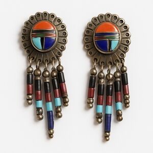 Q.T. Sterling Multi-Stone Inlay Dangle Earrings